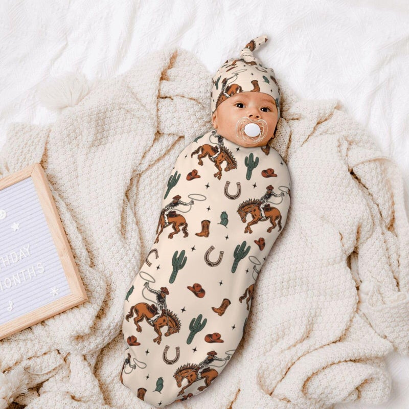 Sozzjile Western Baby Stuff Swaddle Blanket with Beanie Set, Soft Cactus Baby Swaddle Sack Newborn Sleeping Sacks for Girls Boys - Image 2