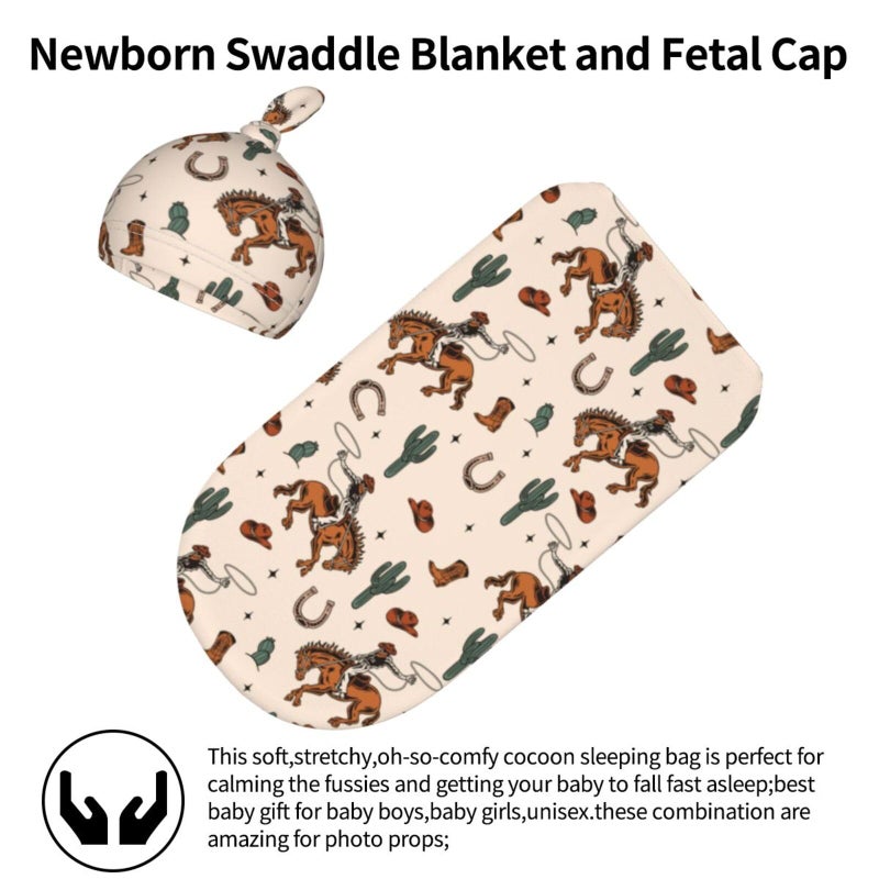 Sozzjile Western Baby Stuff Swaddle Blanket with Beanie Set, Soft Cactus Baby Swaddle Sack Newborn Sleeping Sacks for Girls Boys - Image 3