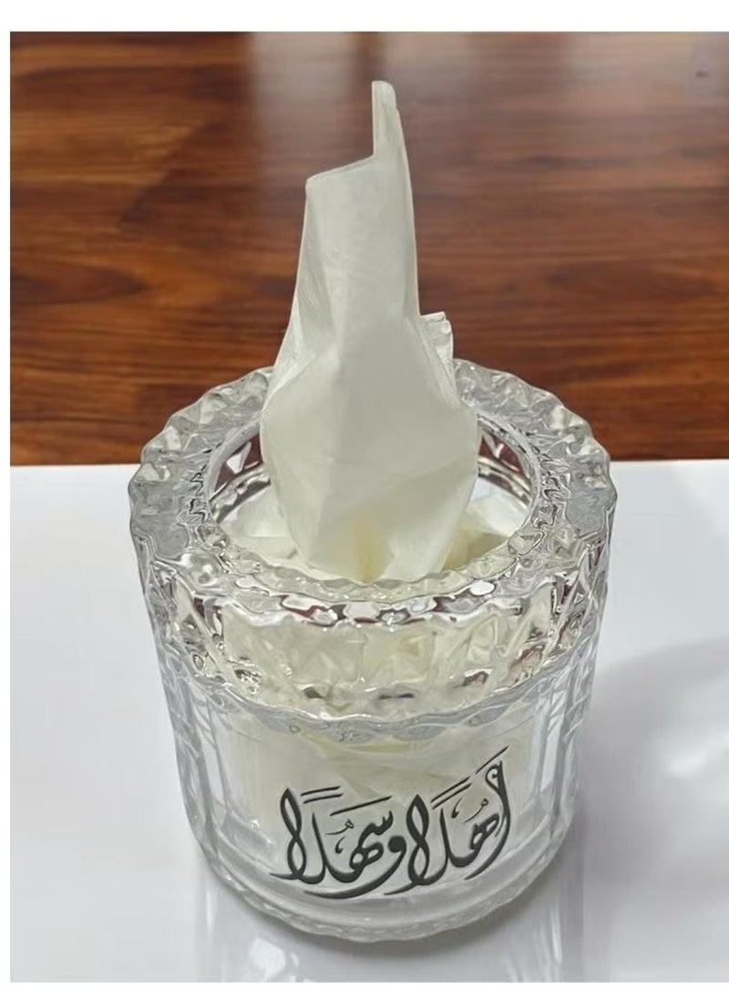 علبة مناديل زجاج بعبارات ترحيبية