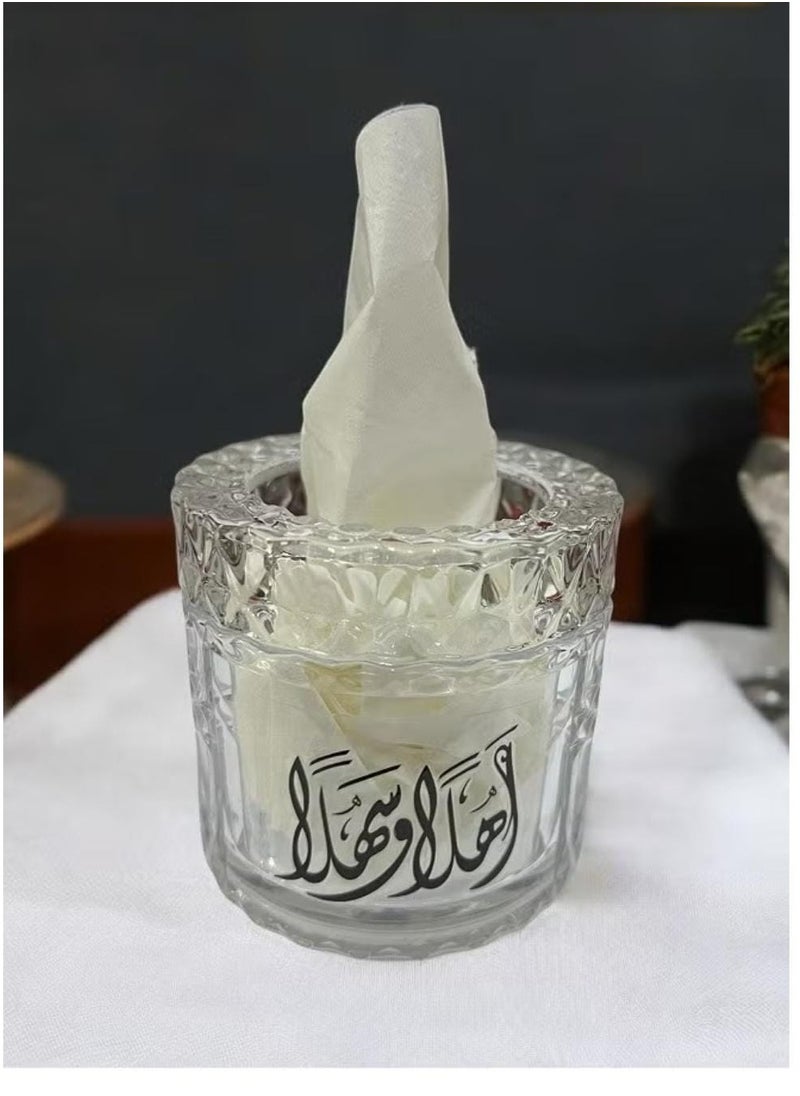 علبة مناديل زجاج بعبارات ترحيبية
