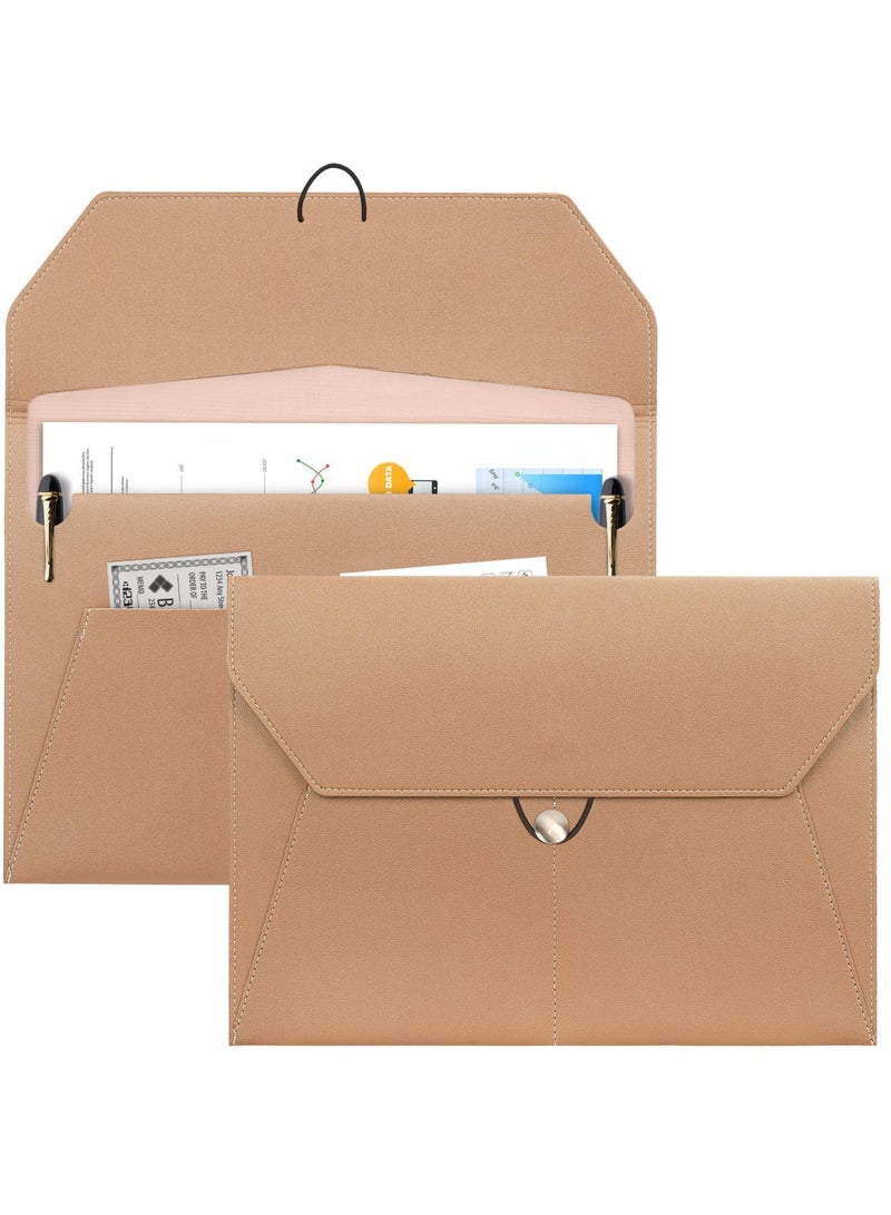 SYOSI PU Leather A4 Document Holder File, Organizer Filing Envelope Portfolio Case Tablet Sleeve with Rope Buckle Closure & Front Pockets for Home School Office Stationery (Light Brown) - Image 1