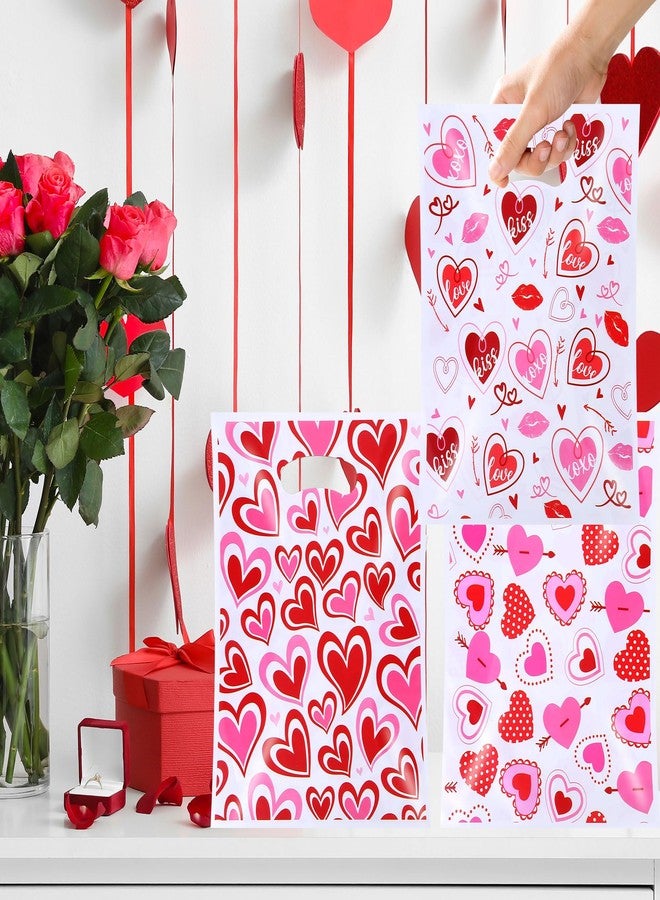FUULOXE 100 Pcs Valentine's Day Gift Bags with Handles, Heart Plastic Treat Bags for Party Favors, Candy, and Gift Exchange - Image 5