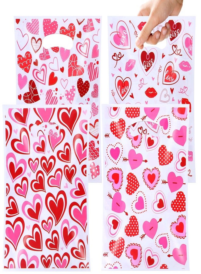 FUULOXE 100 Pcs Valentine's Day Gift Bags with Handles, Heart Plastic Treat Bags for Party Favors, Candy, and Gift Exchange - Image 1