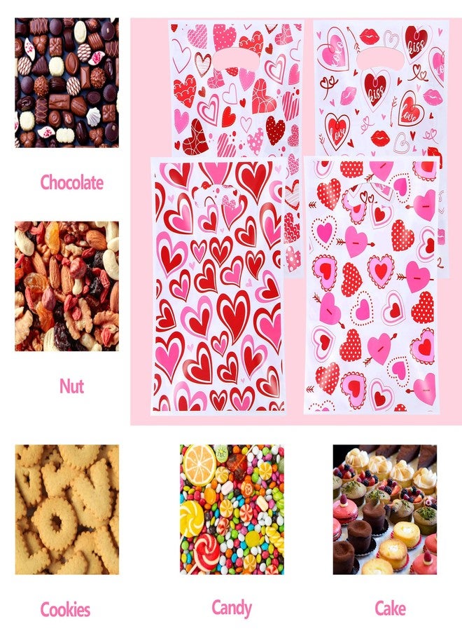 FUULOXE 100 Pcs Valentine's Day Gift Bags with Handles, Heart Plastic Treat Bags for Party Favors, Candy, and Gift Exchange - Image 3