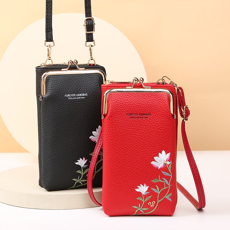 Ladies Mobile Phone Bag Korean Fashion Litchi Pattern Solid Color Embroidery Diagonal Shoulder Bag - Image 3