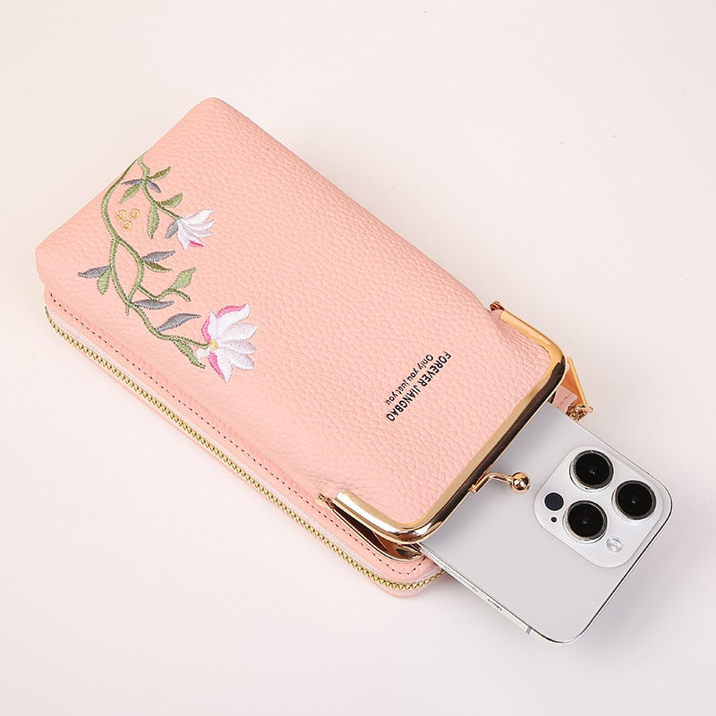 Ladies Mobile Phone Bag Korean Fashion Litchi Pattern Solid Color Embroidery Diagonal Shoulder Bag - Image 5