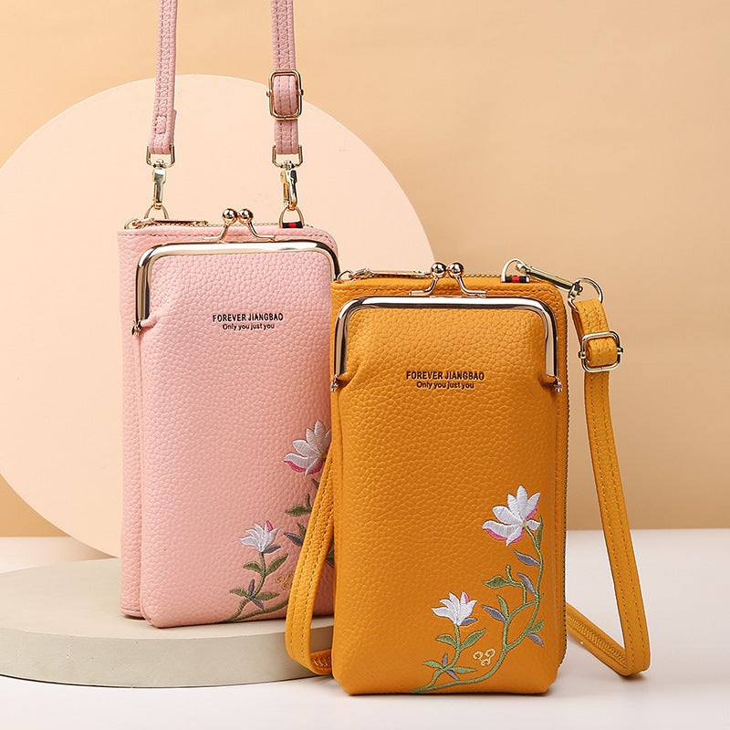 Ladies Mobile Phone Bag Korean Fashion Litchi Pattern Solid Color Embroidery Diagonal Shoulder Bag - Image 2