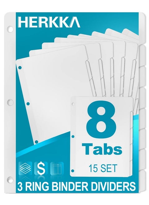 8Tab Binder Dividers Herkka 3 Ring Binder Dividers With Reinforced Edge 3 Hole Punch Section Index Dividers For Binders 1/8Cut Tabs Letter Size White 120 Dividers