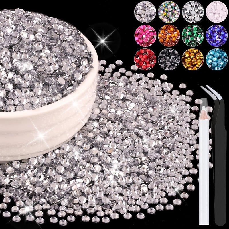 8000PCS 3mm Resin Rhinestones Bulk for Crafting Clear Flatback Bedazzling Crystals for Crafts DIY Nail Decoration Gems Charms for Tumbler Shoes Clothing Fabric with Pickup Pen and Tweezers
