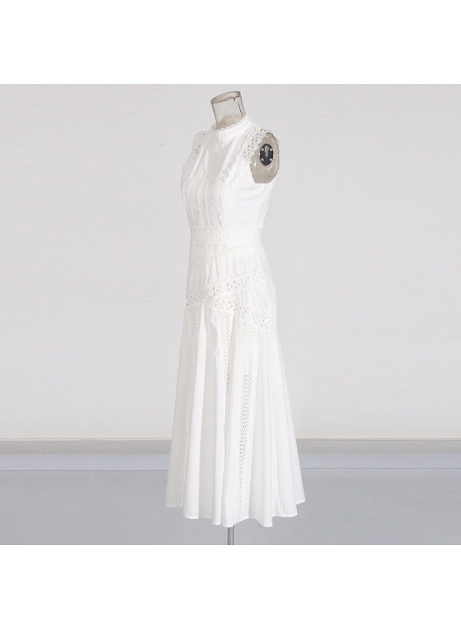 إسكدنيا فستان طويل بأكمام بدون أكمام بتصميم أنيق مع ياقة وقصة ملفتة من الدانتيل الشفاف والدانتيل المتدفق - Image 5