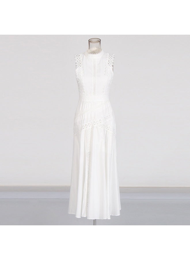 إسكدنيا فستان طويل بأكمام بدون أكمام بتصميم أنيق مع ياقة وقصة ملفتة من الدانتيل الشفاف والدانتيل المتدفق - Image 3