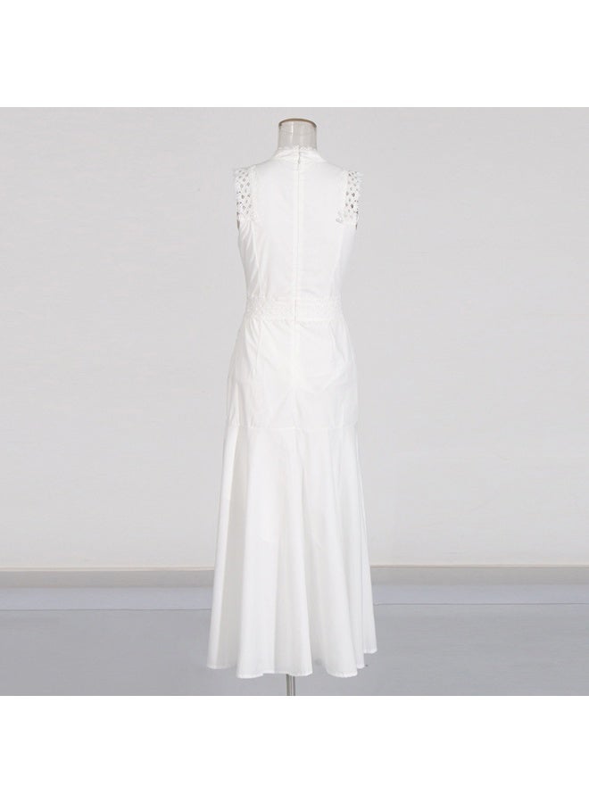 إسكدنيا فستان طويل بأكمام بدون أكمام بتصميم أنيق مع ياقة وقصة ملفتة من الدانتيل الشفاف والدانتيل المتدفق - Image 4