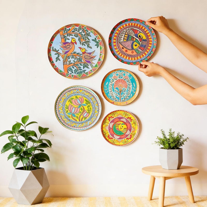 JFUJFU Madhubani Indian Art Wall Decor - Metal 3D Hanging Plates for Home (Set of 5) - Image 2