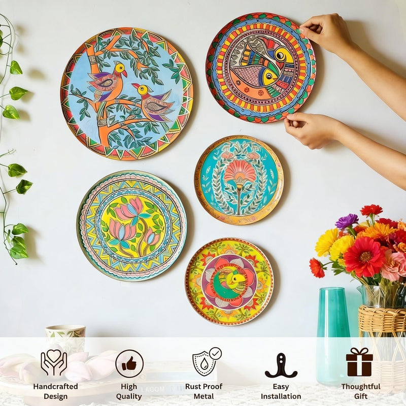 JFUJFU Madhubani Indian Art Wall Decor - Metal 3D Hanging Plates for Home (Set of 5) - Image 3