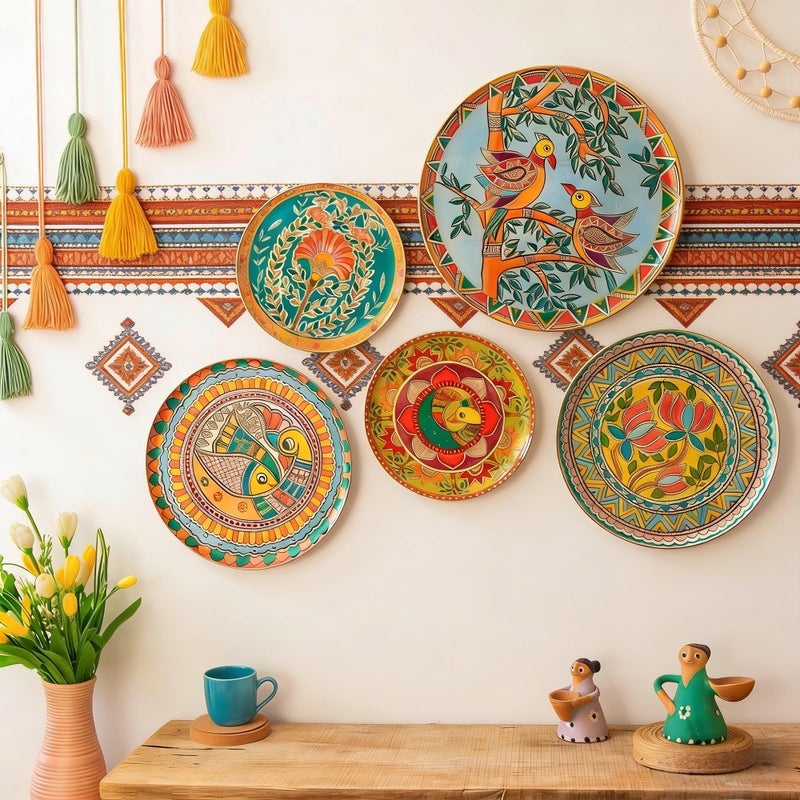 JFUJFU Madhubani Indian Art Wall Decor - Metal 3D Hanging Plates for Home (Set of 5) - Image 1