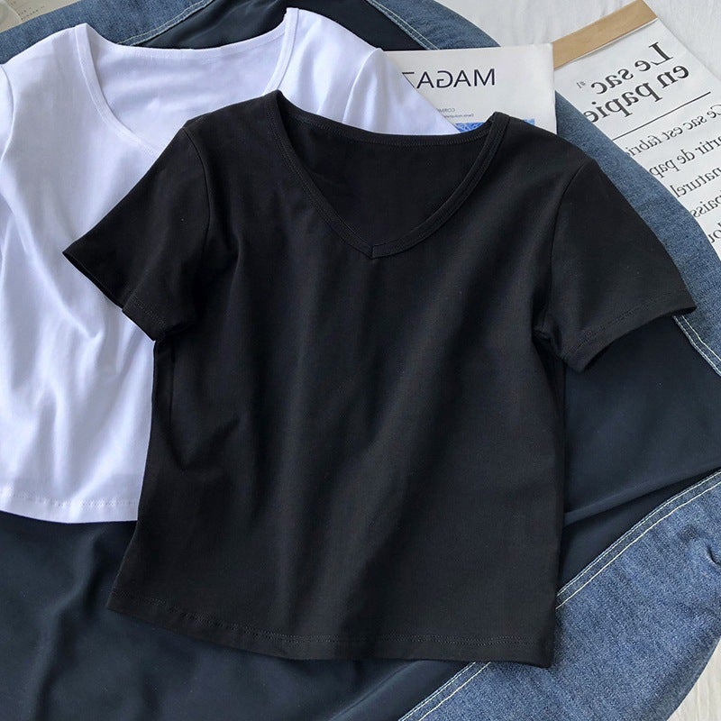 Ins Tight Short Sleeve V-Neck Solid Color Short T-Shirt Women'S 2025 Summer Slimming High Waist Navel Top Women'S - Image 5