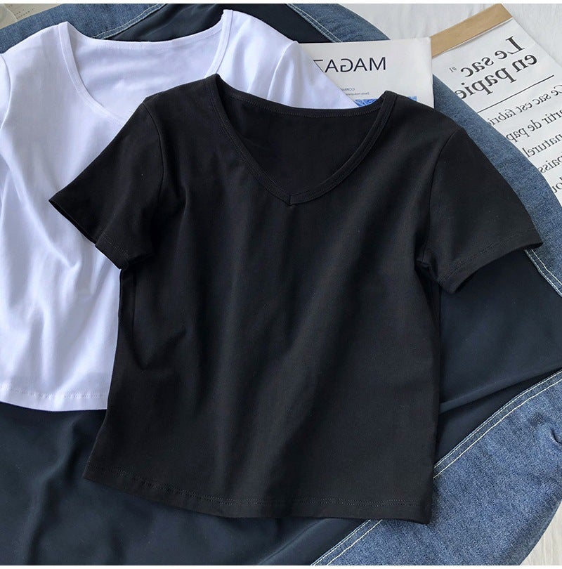 Ins Tight Short Sleeve V-Neck Solid Color Short T-Shirt Women'S 2025 Summer Slimming High Waist Navel Top Women'S - Image 1