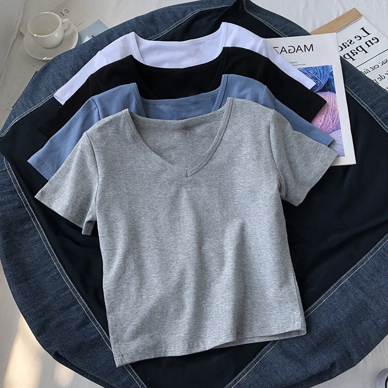 Ins Tight Short Sleeve V-Neck Solid Color Short T-Shirt Women'S 2025 Summer Slimming High Waist Navel Top Women'S - Image 4