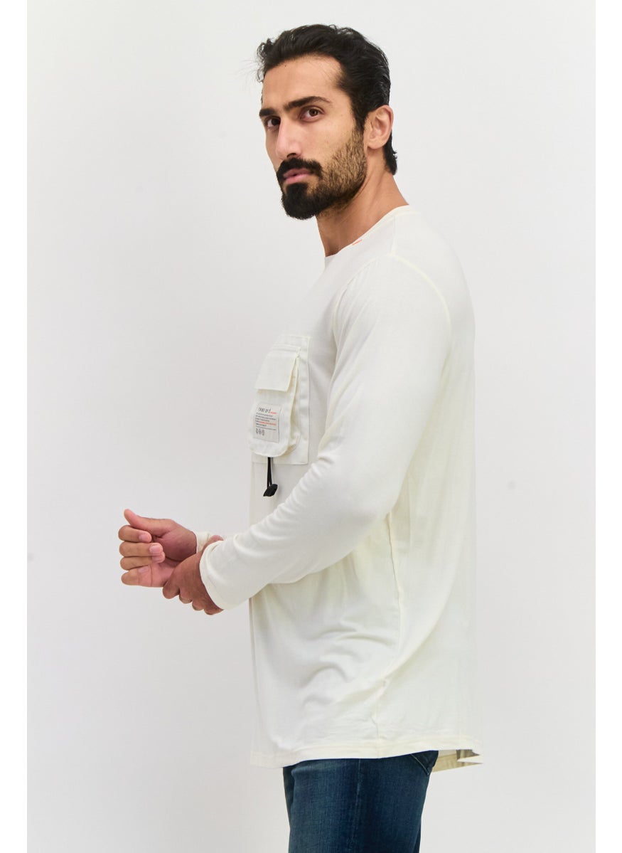TRIBE OF 6 - Men Crew Neck Long Sleeve Brand Logo T-Shirt, Cream - Image 1