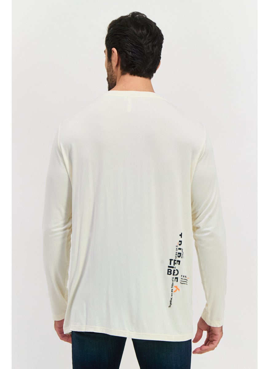 TRIBE OF 6 - Men Crew Neck Long Sleeve Brand Logo T-Shirt, Cream - Image 1