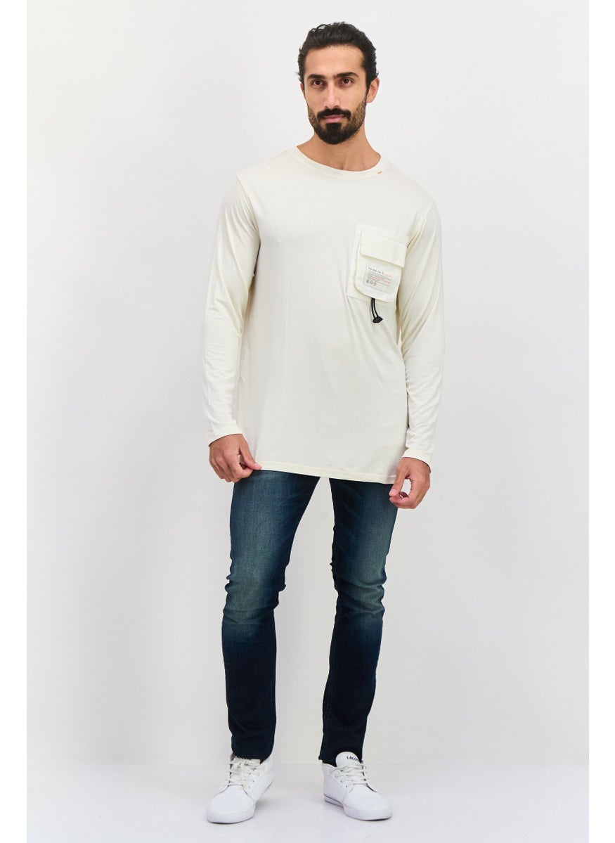 TRIBE OF 6 - Men Crew Neck Long Sleeve Brand Logo T-Shirt, Cream - Image 1