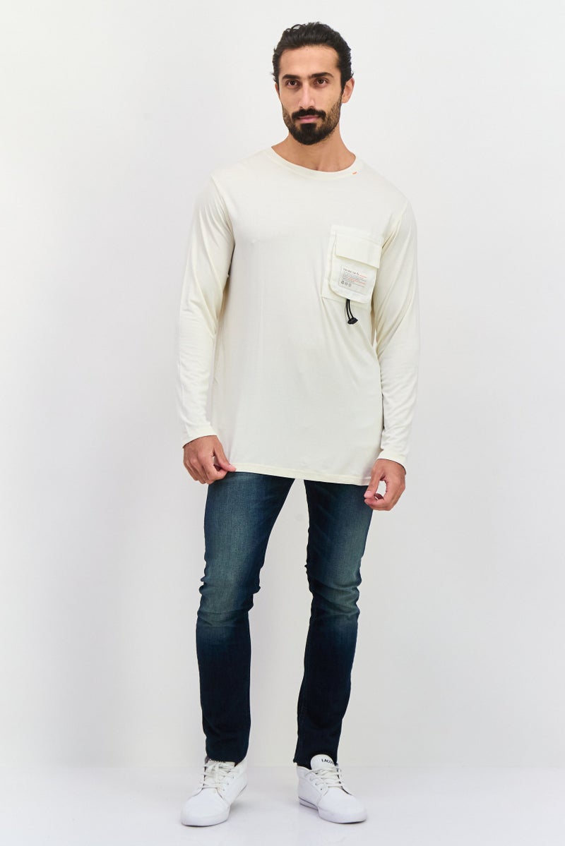 TRIBE OF 6 Men Crew Neck Long Sleeve Brand Logo T-Shirt, Cream - Image 4