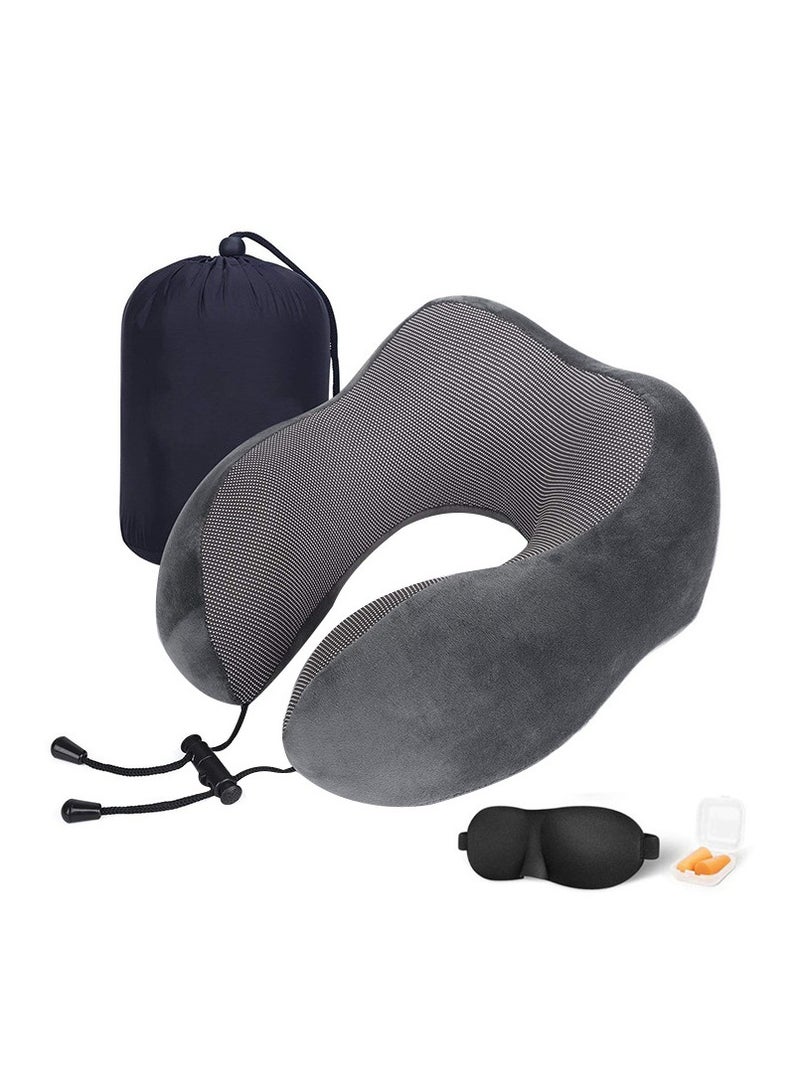 MIXDE Travel Pillow 100% Pure Memory Foam Neck Pillow  Comfortable & Breathable Cover, Machine Washable, Airplane Travel Kit with 3D Contoured Eye Masks, Earplugs, and Luxury Bag, Standard - Image 1