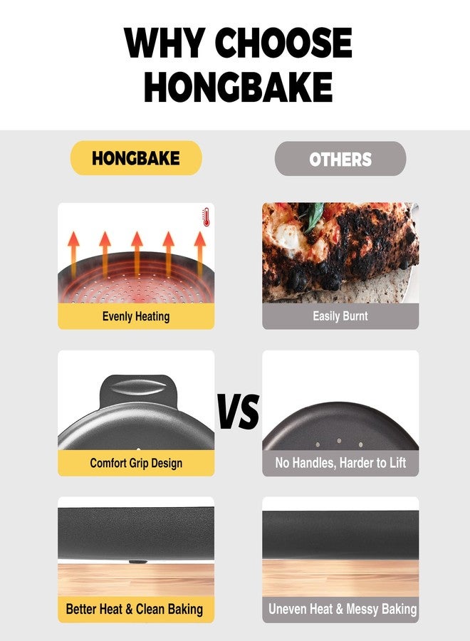 HONGBAKE صينية بيتزا هونغبيك (عبوتان) مقاس 14 بوصة بفتحات، صينية بيتزا غير لاصقة مقاومة للصدأ للاستخدام في الفرن، صينية بيتزا مثقبة من الفولاذ الكربوني بسماكة 0.8 مم بمقابض عريضة، صينية خبز دائرية للبيتزا المجمدة والمحضرة منزلياً، رمادي - Image 4