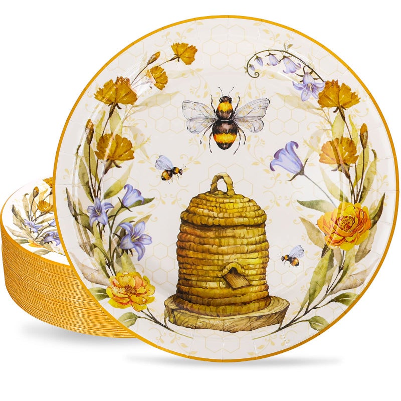 Whaline 40Pcs Bee Paper Plates 9 Inch Summer Spring Bumble Floral Honey Hive Yellow Disposable Tableware for Gender Reveal Baby Shower Party Family Gathering Supplies