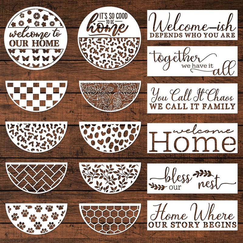Keluna Welcome Home Stencils for Painting on Wood, 16 Pcs 12 Inch Large Reusable Welcome & Half Round Stencils - Cheetah Skin, Hexagon, Checkerboard, Cat Paw Designs - Image 1