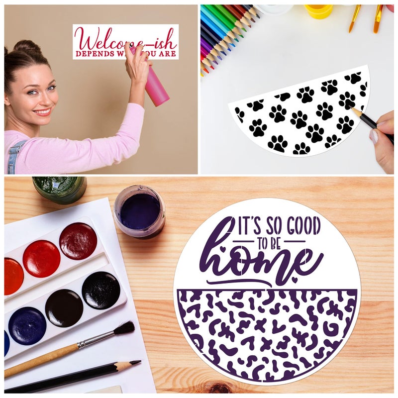 Keluna Welcome Home Stencils for Painting on Wood, 16 Pcs 12 Inch Large Reusable Welcome & Half Round Stencils - Cheetah Skin, Hexagon, Checkerboard, Cat Paw Designs - Image 4
