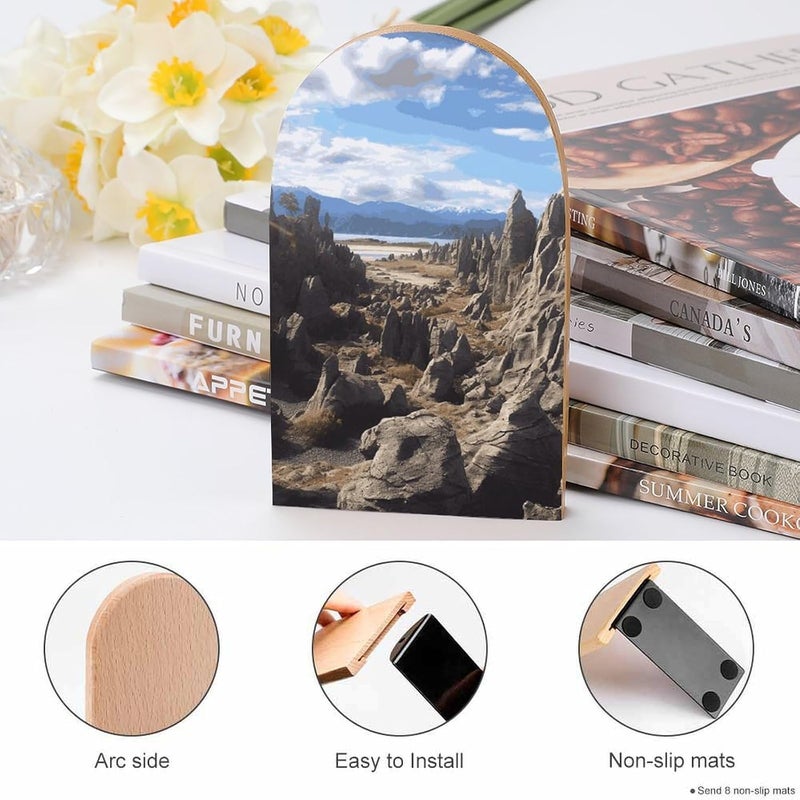 Rocks Scenic Bookends 1 Pair Solid Natural Wooden Book Ends, Duty Cute Book Stoppers, Decorative Book Holders for Home Office Desk Shelf, Perfect for Students, Book Lovers - Image 4