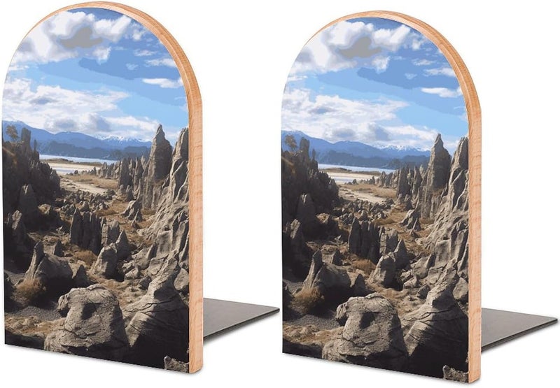 Rocks Scenic Bookends 1 Pair Solid Natural Wooden Book Ends, Duty Cute Book Stoppers, Decorative Book Holders for Home Office Desk Shelf, Perfect for Students, Book Lovers - Image 1
