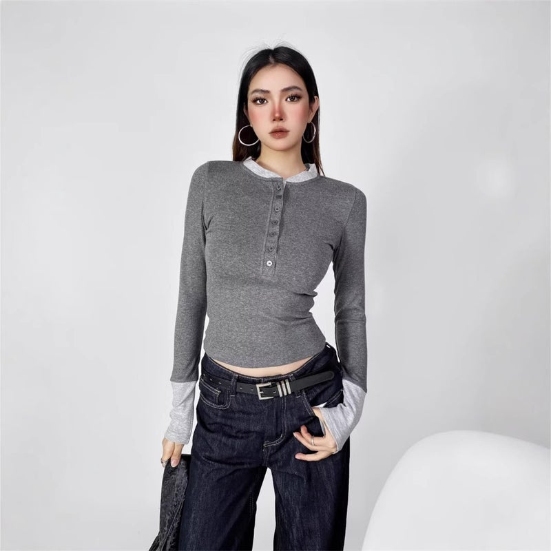 Ins Sweet Spice Girl Small Round Neck Buckle Color Matching Long-Sleeved T-Shirt Autumn New High Elastic Slim-Fit Slimming Inner Base Shirt - Image 2