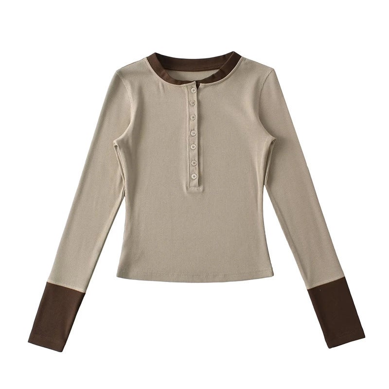 Ins Sweet Spice Girl Small Round Neck Buckle Color Matching Long-Sleeved T-Shirt Autumn New High Elastic Slim-Fit Slimming Inner Base Shirt - Image 1