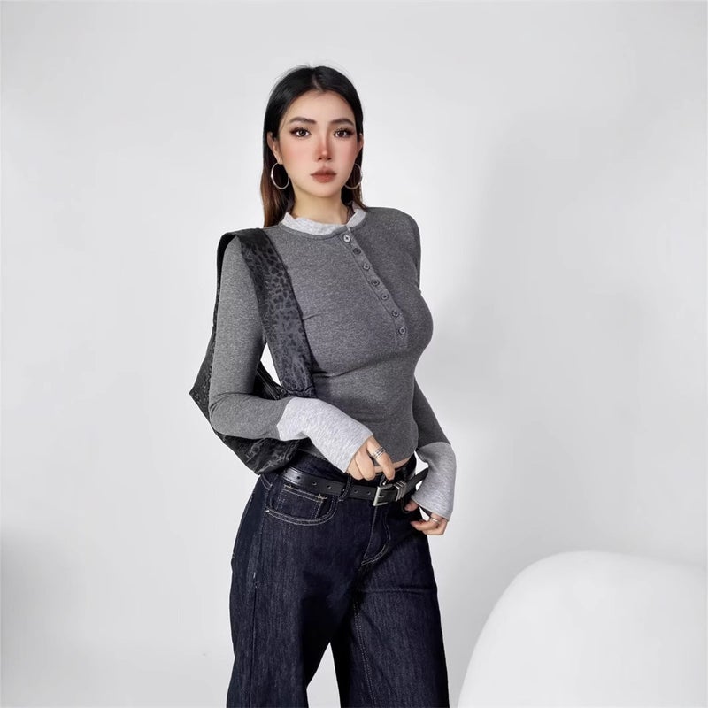 Ins Sweet Spice Girl Small Round Neck Buckle Color Matching Long-Sleeved T-Shirt Autumn New High Elastic Slim-Fit Slimming Inner Base Shirt - Image 3