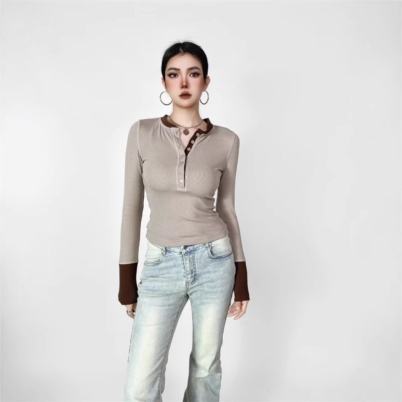 Ins Sweet Spice Girl Small Round Neck Buckle Color Matching Long-Sleeved T-Shirt Autumn New High Elastic Slim-Fit Slimming Inner Base Shirt - Image 4