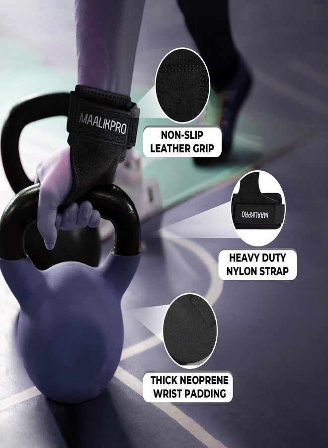 MAALIKPRO Leather Weightlifting Wrist Straps | Staps for Powerlifting | Deadlifting (Black) - Image 2