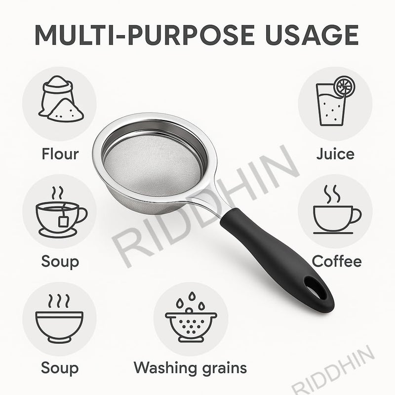 Riddhin Stainless Steel Tea Strainer - Multicolor Durable Tea & Juice Filter Channi with Handle & Fine Mesh | Multipurpose Sieve for Tea, Coffee, Juice & Liquids | Home, Kitchen & Restaurant Use - Image 3