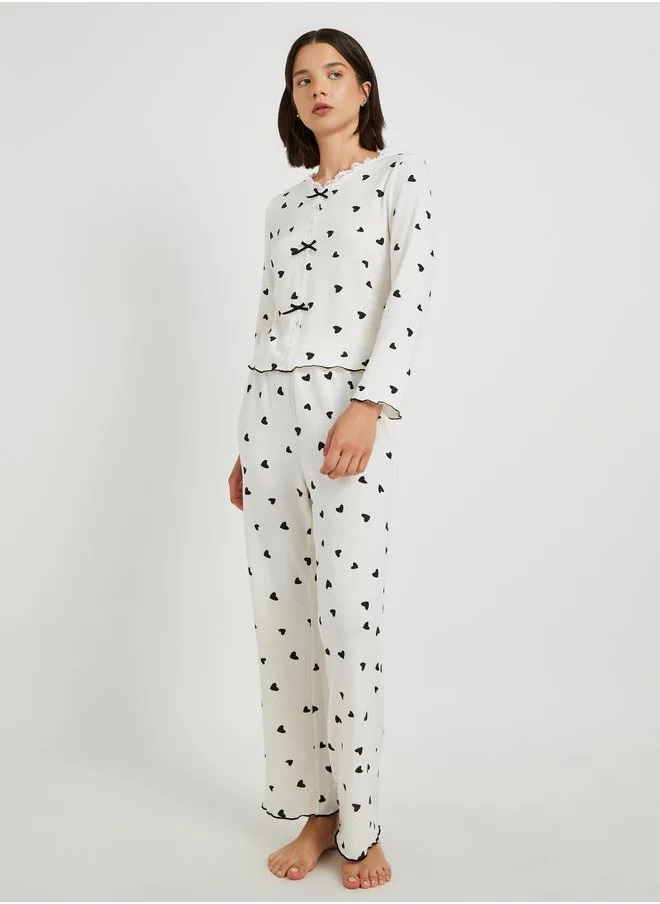 تايك تو Take Two Printed Long Sleeve T-Shirt with Bow Detail and Pyjama Set