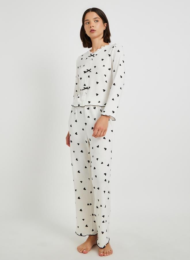 Take Two Printed Long Sleeve T-Shirt with Bow Detail and Pyjama Set - Image 1