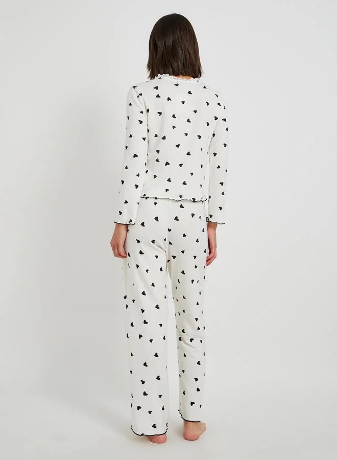 Take Two Take Two Printed Long Sleeve T-Shirt with Bow Detail and Pyjama Set