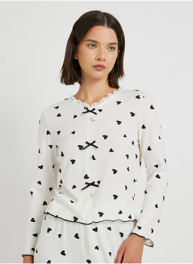 تايك تو Take Two Printed Long Sleeve T-Shirt with Bow Detail and Pyjama Set