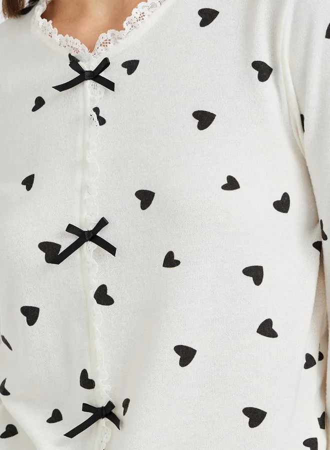 Take Two Take Two Printed Long Sleeve T-Shirt with Bow Detail and Pyjama Set