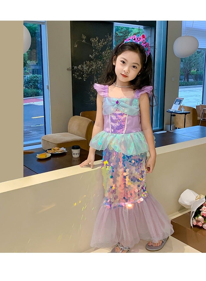 Girls Glowing Mermaid Princess Dress Up Set - Sparkly Color-Changing Fairy Gown with Ruffled Sleeves, Tutu Skirt & Crown Headband, Light-Up Cosplay Costume for Halloween, Birthday Parties & Pretend Play - Image 1