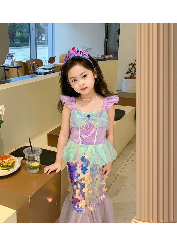 Girls Glowing Mermaid Princess Dress Up Set - Sparkly Color-Changing Fairy Gown with Ruffled Sleeves, Tutu Skirt & Crown Headband, Light-Up Cosplay Costume for Halloween, Birthday Parties & Pretend Play - Image 5