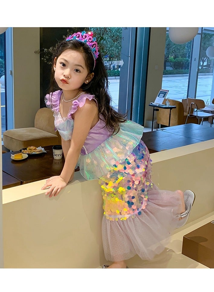 Girls Glowing Mermaid Princess Dress Up Set - Sparkly Color-Changing Fairy Gown with Ruffled Sleeves, Tutu Skirt & Crown Headband, Light-Up Cosplay Costume for Halloween, Birthday Parties & Pretend Play - Image 4