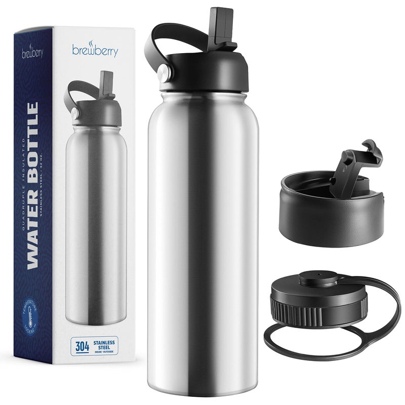 Brewberry Stainless Steel Insulated Water Bottle and Travel Mug for Hot and Cold Beverages Wide Mouth Double Wall Insulated Hydration Sports Water Bottle for Hiking Biking Outdoor 32 OZ BPA Free