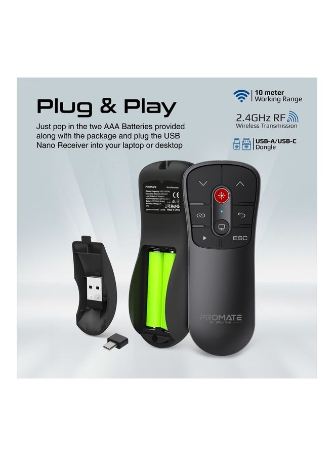 PROMATE Laser Pointer Presenter, Universal Dual Dongle USB-C and USB-A PPT Presentation Presenter, 10m Working Range and Button Controls for Mac OS, Windows, ProPointer Black - Image 3