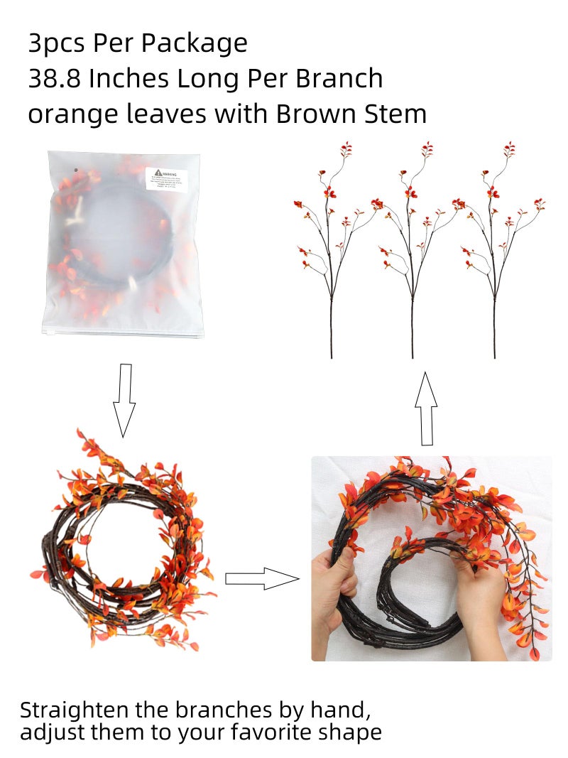 grtefhu 3Pcs 38.8"" Faux Fall Plant Stems and Branches for Vase Artificial Tree Branches and Twigs for Decoration (Orange Leaves & Brown Stem) - Image 3